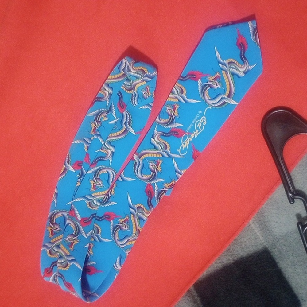 Ed Hardy Tie by Christian Audigier,hand made silk tie blue, multi color